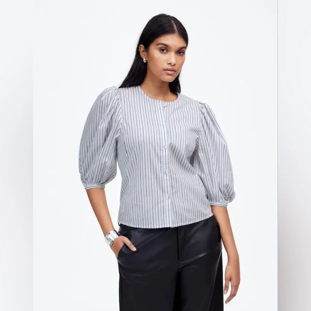 Madewell Puff Sleeve Cotton Button-Up Blouse Top Blue White Stripe Size 6